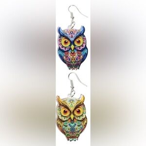 NWT - Mix Match one Blue & one yellow Owl Acrylic double sided earrings 2 inch